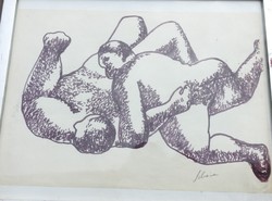 Schéner mihály _ wrestlers _ pen drawing