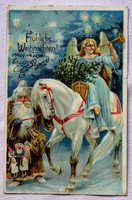 Antik Karácsonyi üdvözlő litho képeslap angyal lovon harsona fenyő  Mikulás ajándék marjonetekkel