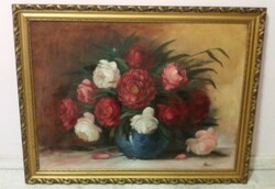 Old, large flower still life, painting with frame (with J. Szigno Horváth)