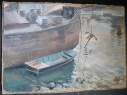 Végh jelzéssel: Hajó csónakkal és vasmacskával - eredeti jelzett tempera, 1957