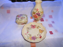 Porcelain box + vase + bowl together with 3 zsolnay butterfly patterns