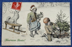Antik MM Vienne Schubert Újévi grafikus  üdvözlő képeslap gyerekek szánkó fenyő kutyus