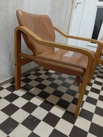 Unique retro genuine leather armchair with special bent wooden frame in Scandinavian style, designed by János Bodnár