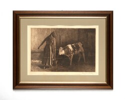 Etching-paper technique in a stable (Edvi ílés aladár). Signed, dated (1918) in a glass frame