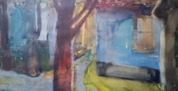 András Berecz (1929-2010): forest house, 1970 (watercolor, framed 53x73 cm) painter from Nyíregyháza