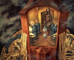 Remedios Varo A Föld palástjának hímzése reprint nyomat ezoterikus festmény fantázia allegória apáca