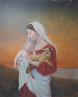 Mária a gyermek Jézussal és egy kisbáránnyal (olaj, 42x36 kerettel) Biblia, vallásos kép, anyaság