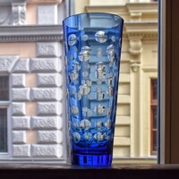Flawless sea blue lens cut retro crystal vase with decorative modern polka dots