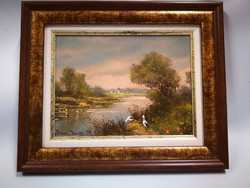 Jenő Bóna - storks by the river (oil painting)