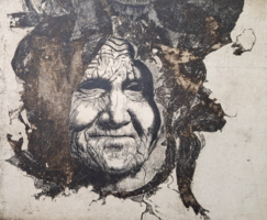 Badacsonyi Sándor (1949-2016): Öreg hölgy (számozott rézkarc, kerettel 44x32 cm) idős nő portréja