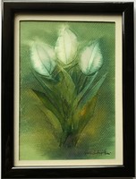 Macskássy Izolda Fehér tulipánok selyemkép - eredeti
