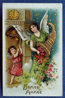 Antik arannyal préselt Újévi üdvözlő képeslap angyal bőségszaru virágokkal angyalka harangtorony