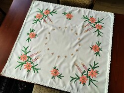 Hand-embroidered Christmas tablecloth with crochet edge (83x78cm)