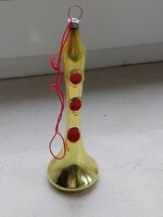 Retro karácsonyfadísz, sárga színű, üveg trombita az 1960-as évekből