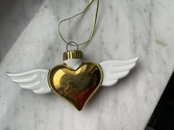 Hollóházi porcelán aranyozott szív angyal szárnyakkal,