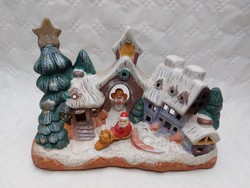 Karácsonyi kis falu mécsestartó kerámia házikó