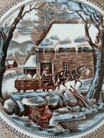 English porcelain decorative plate, johnson bros - snowy landscape, horse-drawn carriage, thanksgiving