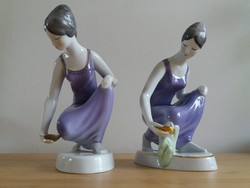 Hollóházi vízmerítő lány lila ruhában porcelán figura - 2 db!