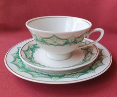 CP Lettin német porcelán reggeliző kávés teás szett csésze csészealj kistányér tányér zöld mintával