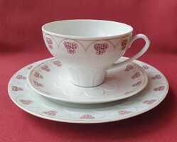 CP Lettin német porcelán reggeliző kávés teás szett csésze csészealj kistányér bordó virág mintával