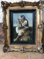 Signed painting of a gypsy girl smoking a pipe in a gilded blondel frame