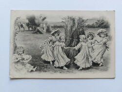 Régi képeslap művészeti levelezőlap kislányok aratás tánc