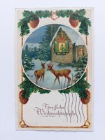 Régi karácsonyi képeslap levelezőlap őzike házikó toboz fenyőág