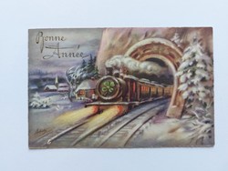 Régi újévi képeslap 1932 levelezőlap vonat lóhere patkó