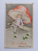 Régi újévi képeslap 1935 levelezőlap kisfiú lóhere gomba hóesés