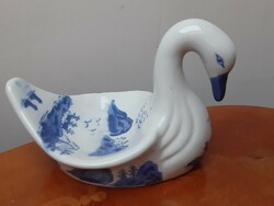 Dutch porcelain swan bowl with blue scene