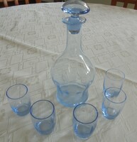 Régi, kékszínű likőrös készlet (dugós palack+5 pohár)