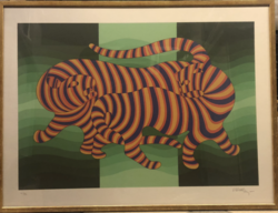 Victor vasarely tigers, signed screen print in a large golden frame.