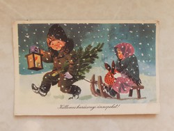 Old Christmas postcard with sledding evening snowfall postcard