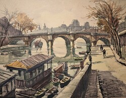 André Krafft (1911-1986) Párizs, Pont Neuf (akvarell) Szajna, párizsi utcakép, Franciaország