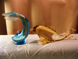 2 Czech glass fish and dolphins