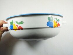 Old retro floral enameled 2-handled bowl vajling salad bowl - 19 cm diameter