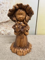 György Ujpál antique brown glazed ceramic little girl with flowers a31