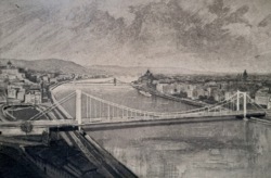 Zoltan Nagy: Elizabeth Bridge (etching, total size 44x36 cm) Budapest, Danube
