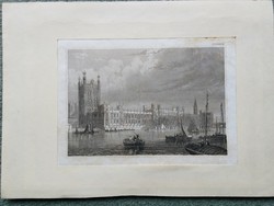 Parliament buildings in London. Original woodcut ca. 1841