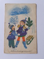 Old Christmas postcard 1968 postcard with children sledding