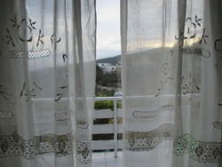 Dreamy antique curtains made of embroidered muslin with lace inserts. 2 pcs.