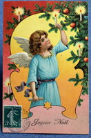 Antik dombornyomott Karácsonyi litho üdvözlő képeslap angyal karácsonyfánál gyertyával