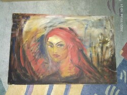 Nagy méretű furnérra festett akril olaj vagy tempera kép festmény női fej portré