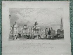 London, Trafalgar tér, új Nemzeti galéria . Eredeti acelmetszet ca.1841