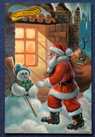 Retro Karácsonyi üdvözlő képeslap Mikulás ajándékkal hóember kis glitter