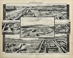 Antik 19.sz Aquincum nyomat-papír- ábra, épület, építészet, Római, rom, fürdő, nemesis