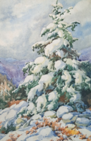 Beautiful winter landscape - old cozy watercolor (Christmas, pine tree, snow, snowy landscape)