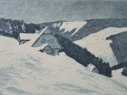 Alpesi kunyhó - téli tájkép házakkal (teljes méret 26x20 cm) miniatűr grafika