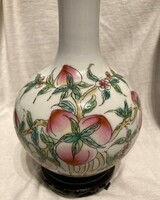 Chinese Antique Old Painted Marked Floral Porcelain Vase Carved Wood Base China Japan Asia Asian
