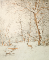 Bambi az erdőben -  téli tájkép őzgidával 1937-ből - Marossy Nagy F. - szarvas, szinezett rézkarc